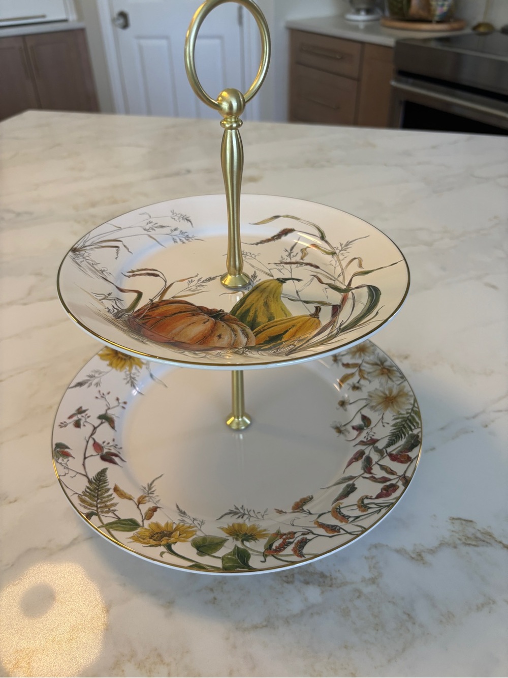 Pottery Barn - Bedford Two-Tier Porcelain Serving Stand in Gold and White NIB